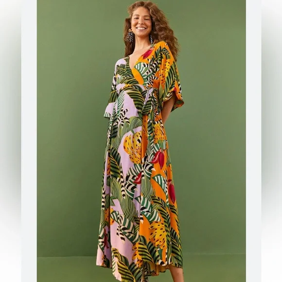 FARM Rio Mixed Striped Bananas Maxi Wrap Dress Multi - Picture 1 of 4